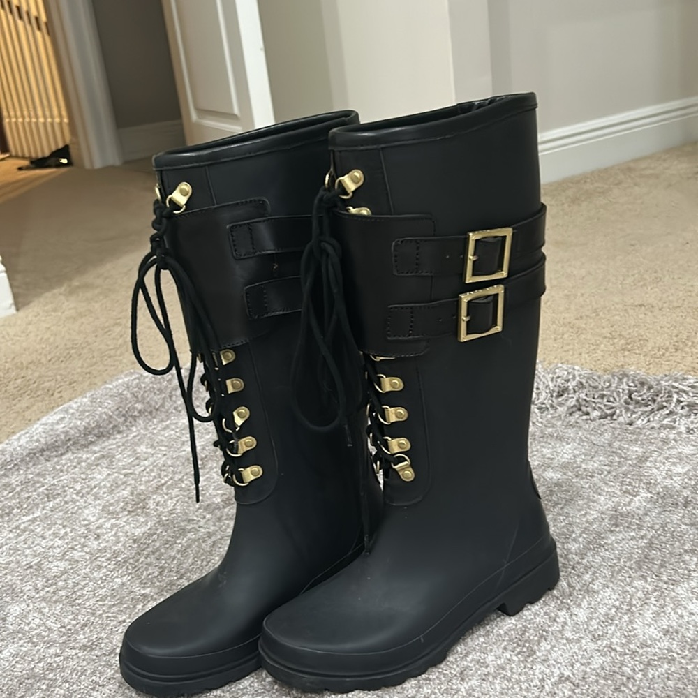 Tory Burch, knee-high rubber boots with gold hardware. Size 7